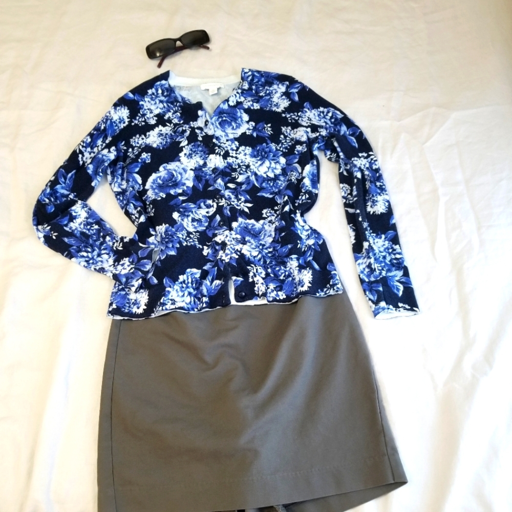 Charter Club Blue / White Floral Cardigan Sweater